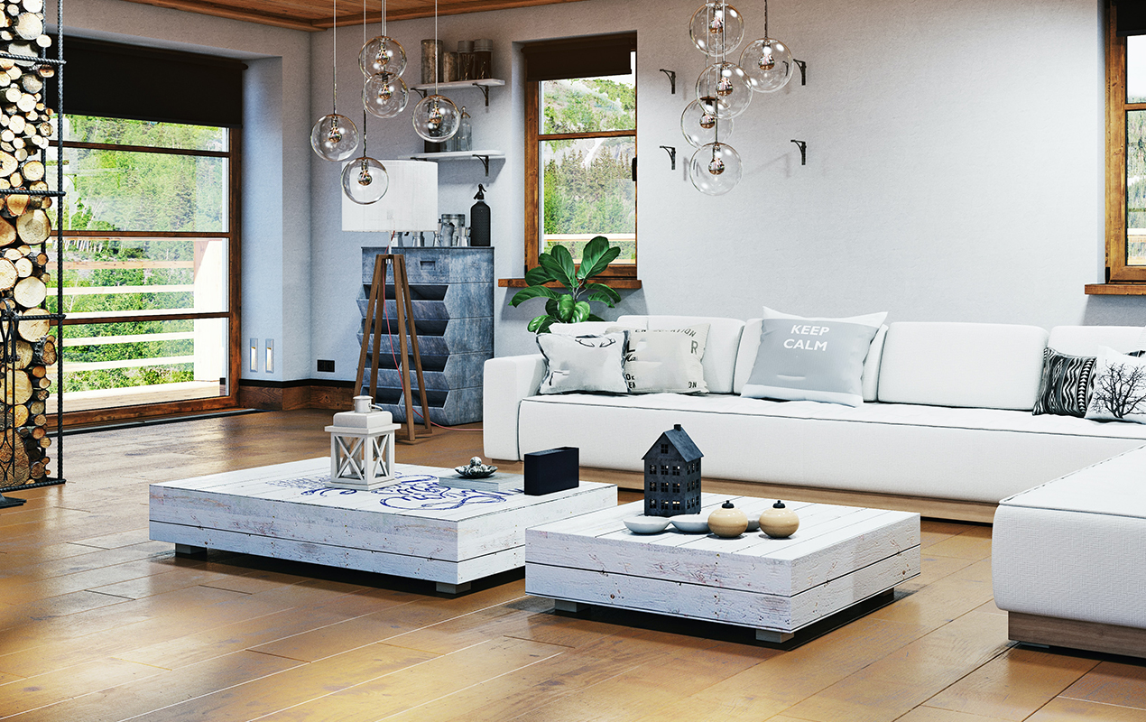Modern living room with square and rectangular coffee tables