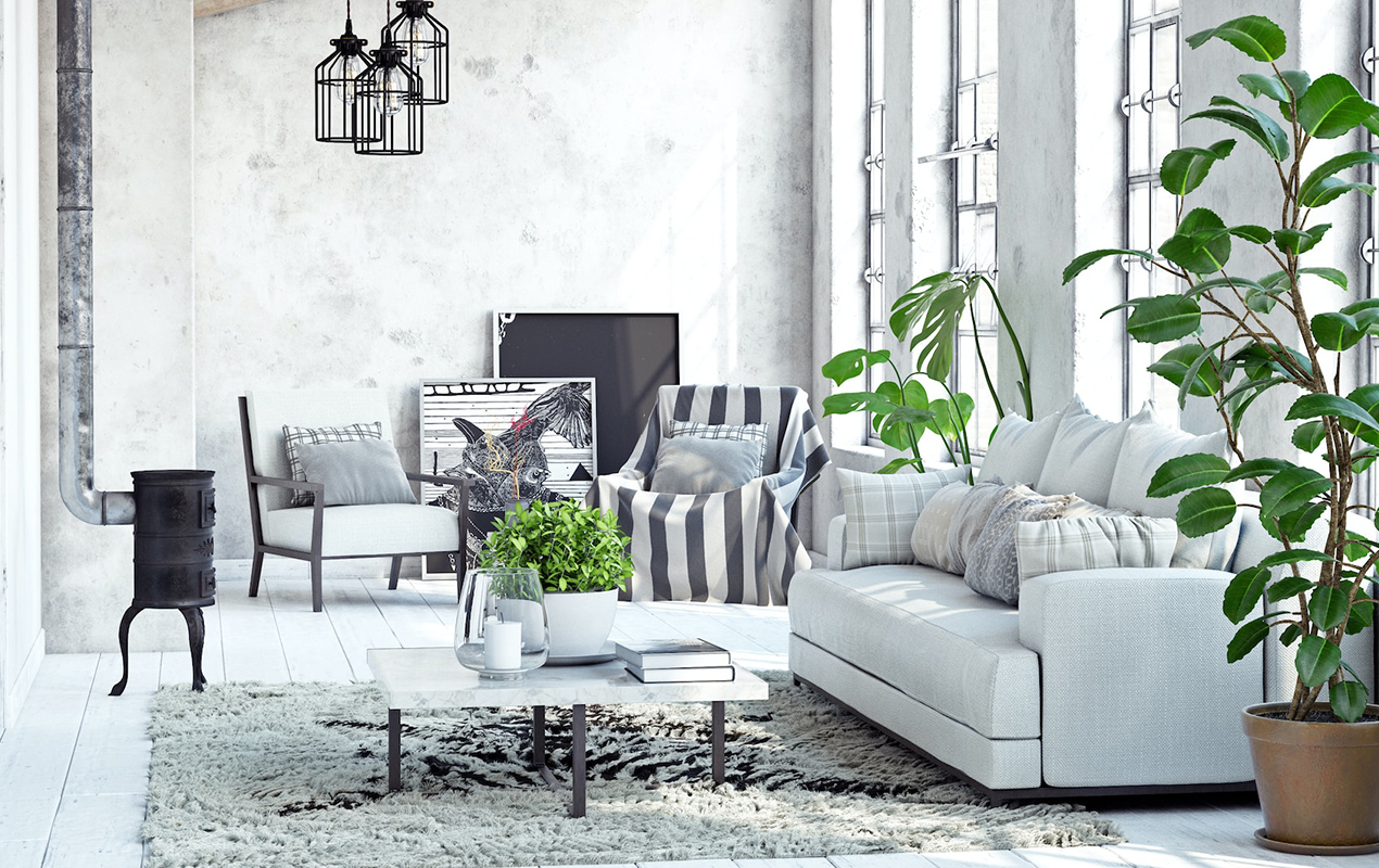 Whitewashed rustic living room with white furniture