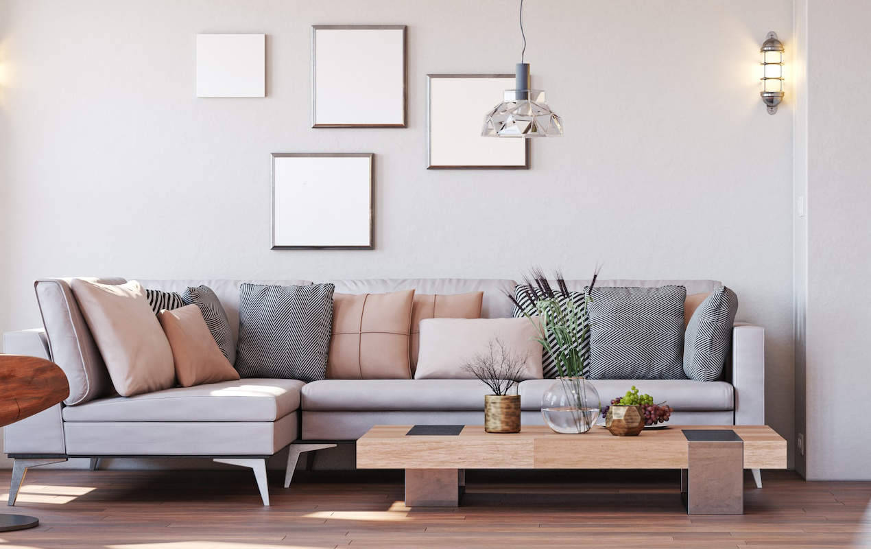 Living room with modern furniture and neutral tones 