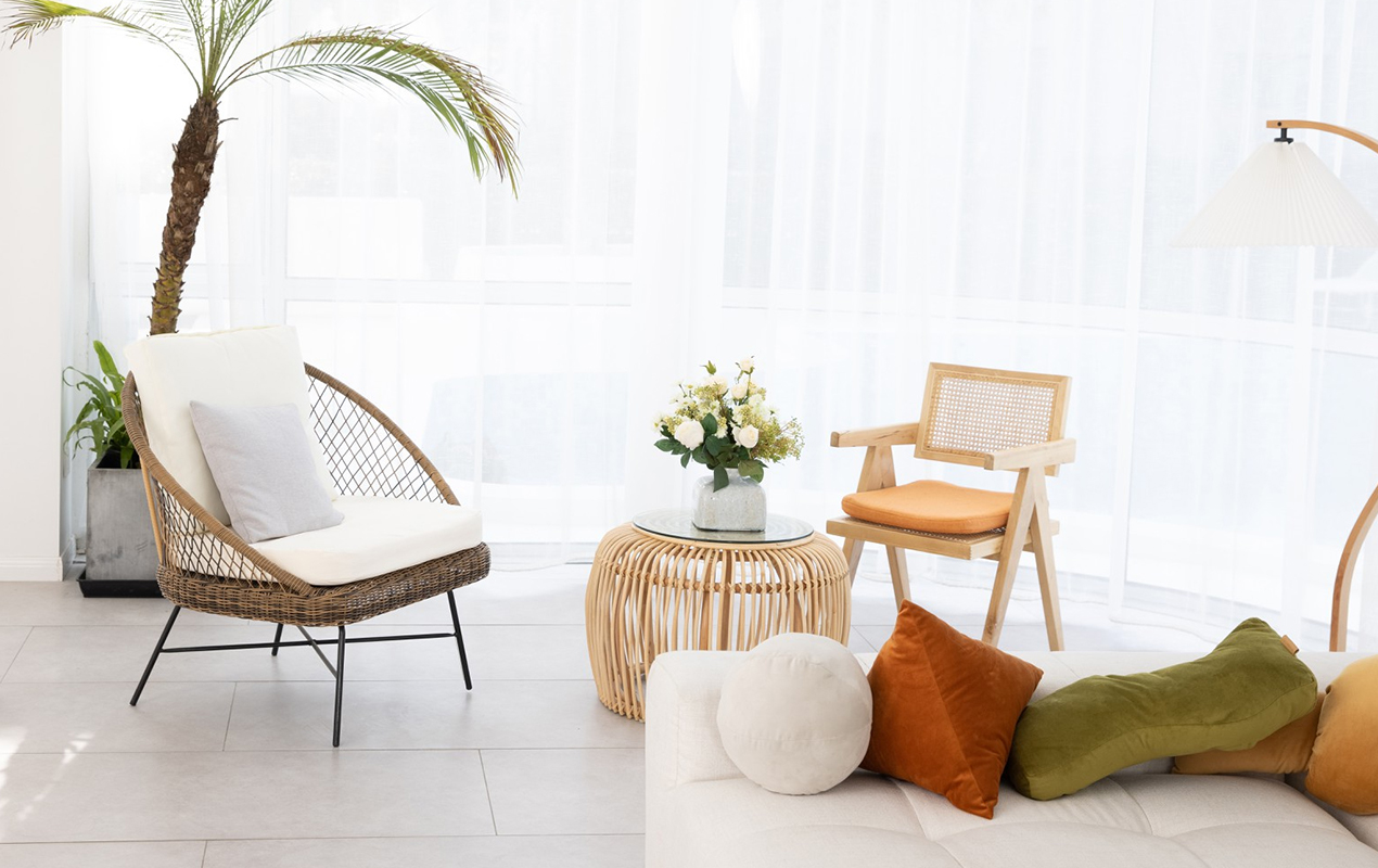 Living room interior with white and wood furniture