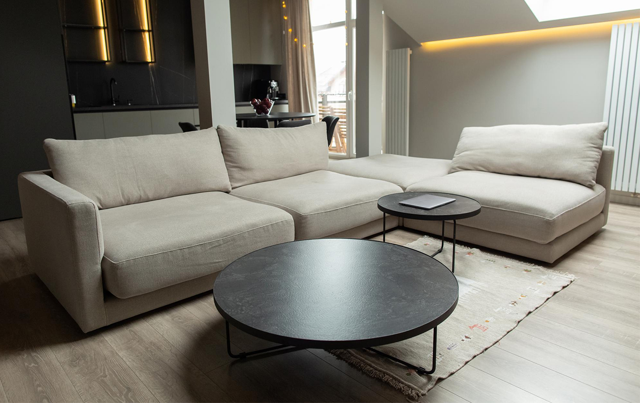 Apartment interior with sofa and black tables