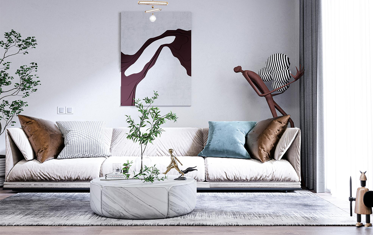 Living room with white couch and coffee table