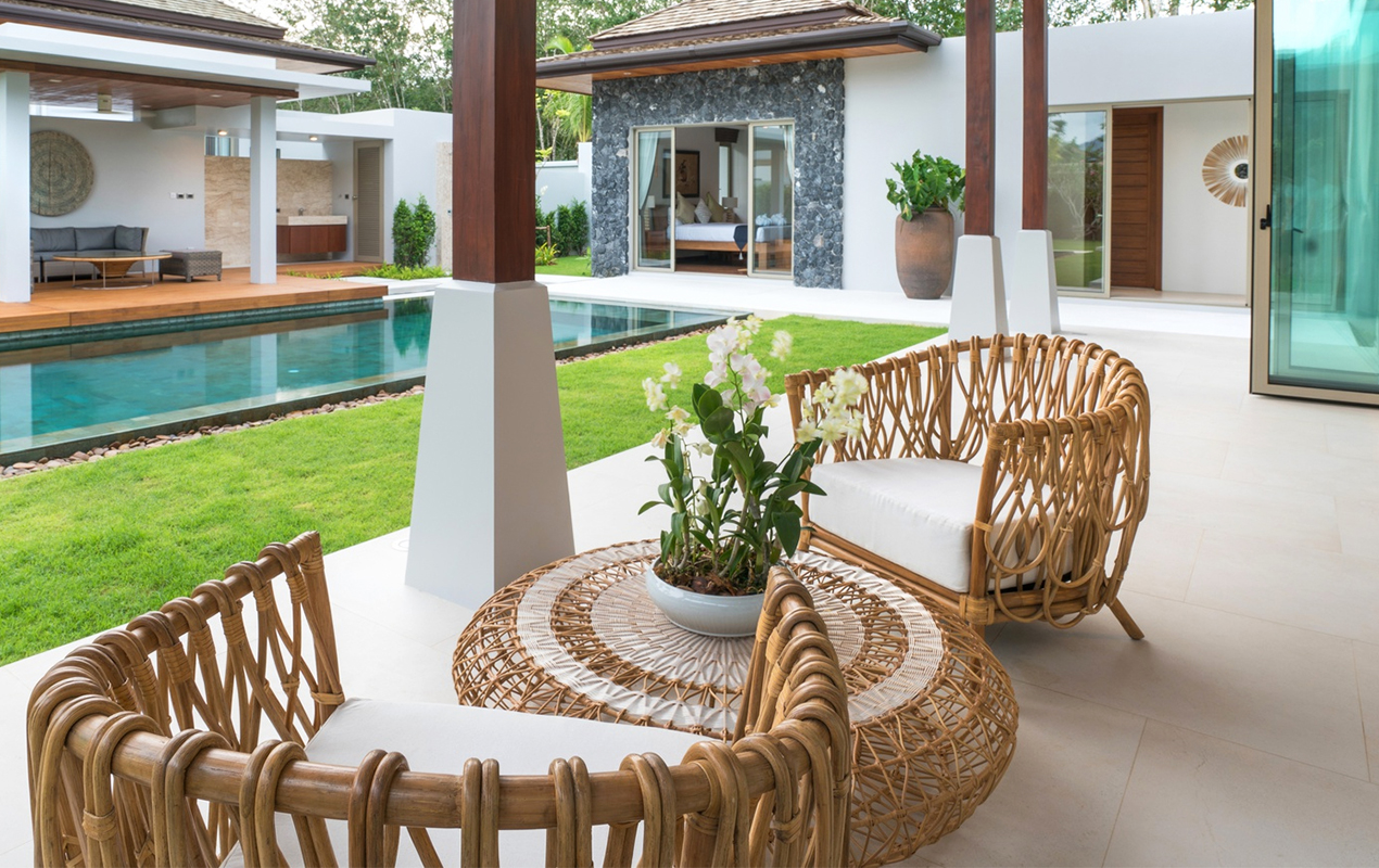 Exterior design with white and natural rattan coffee table