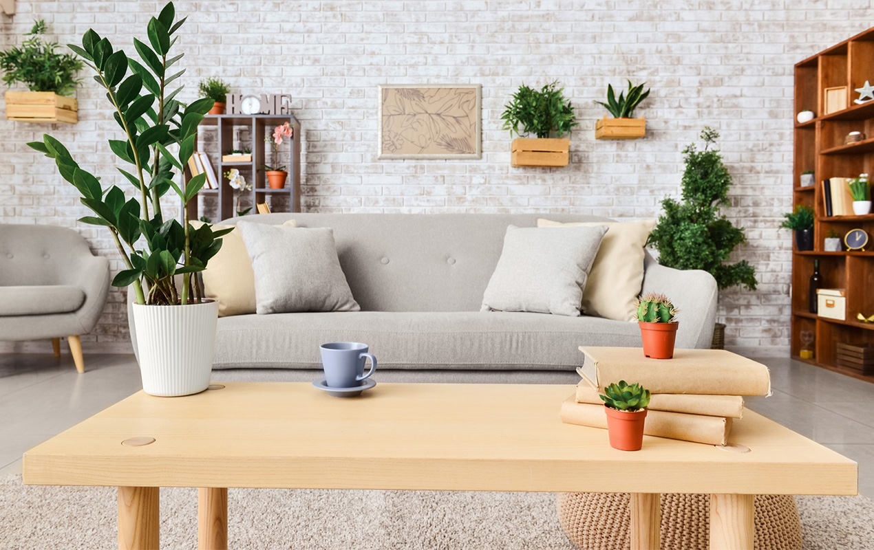 Modern home interior with light colored wooden coffee table