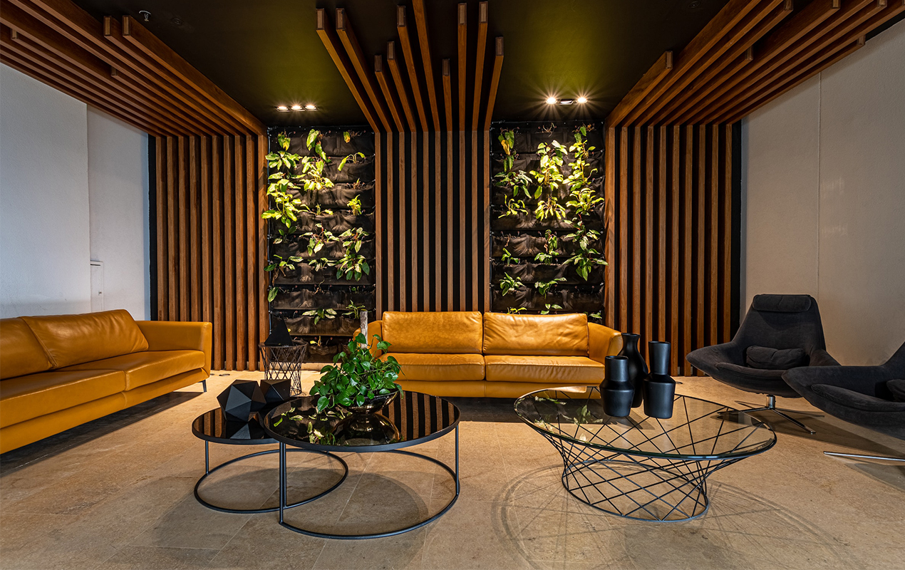 Wooden interior with black coffee tables