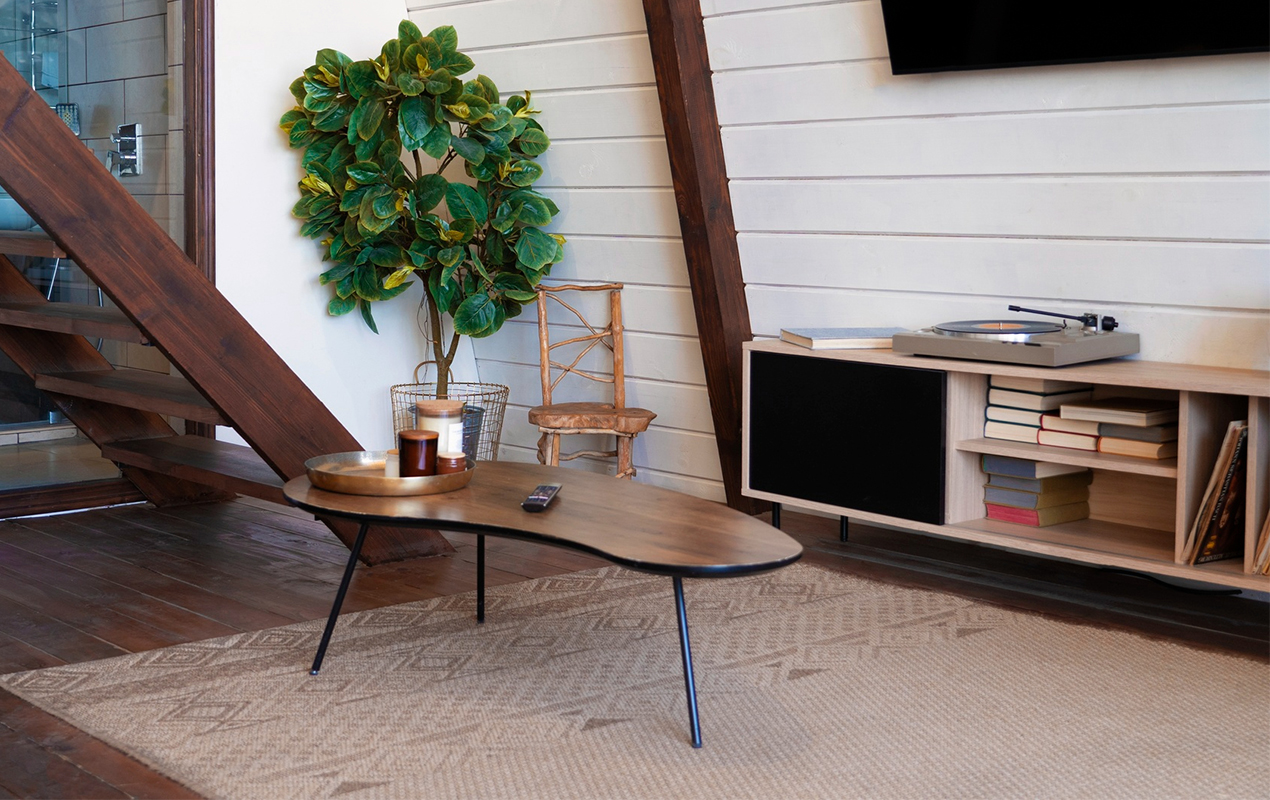 Living room interior with dark wood accents