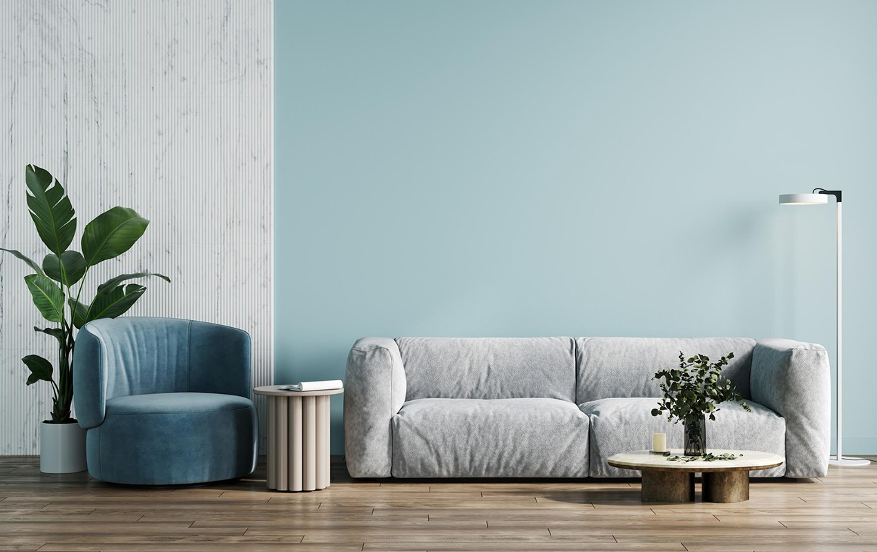 Living room interior with gray sofa armchair plant and coffee table