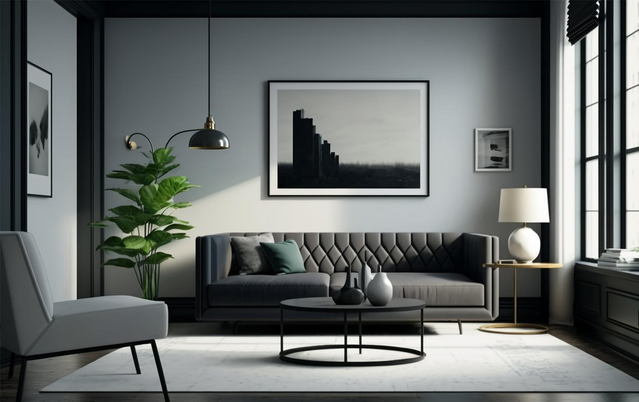 Living room with black sofa black coffee table