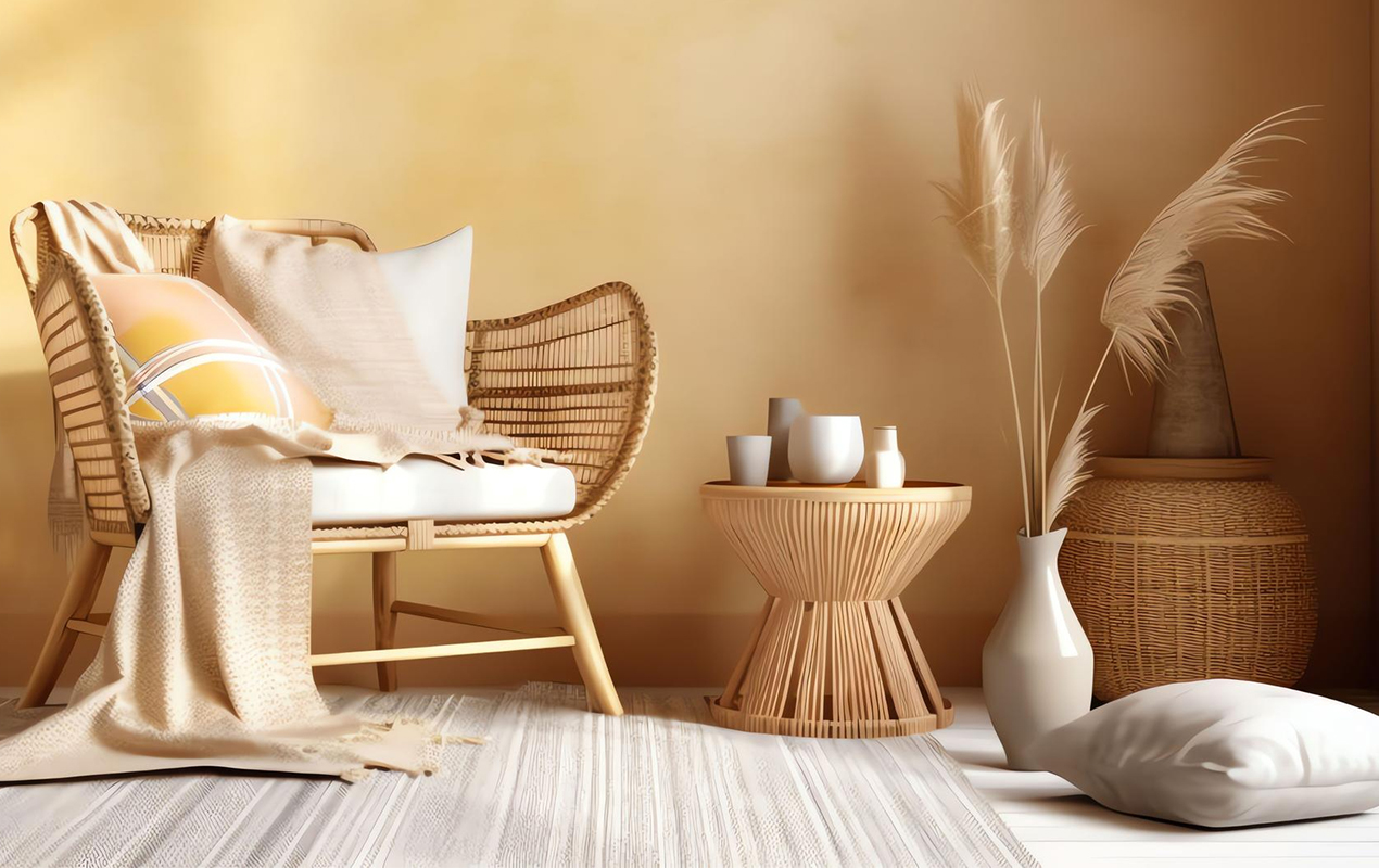 Living room with chair table with vase and feathers