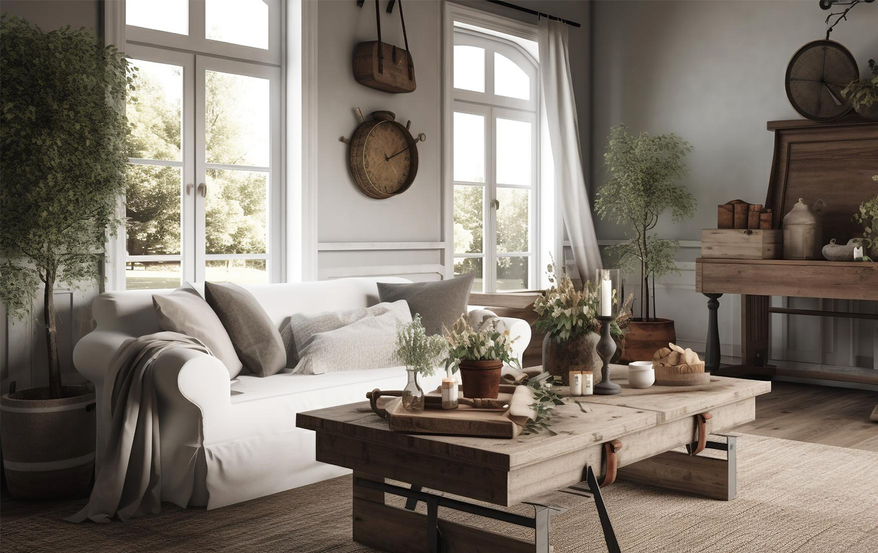 Farmhouse living room with large windows and coffee table