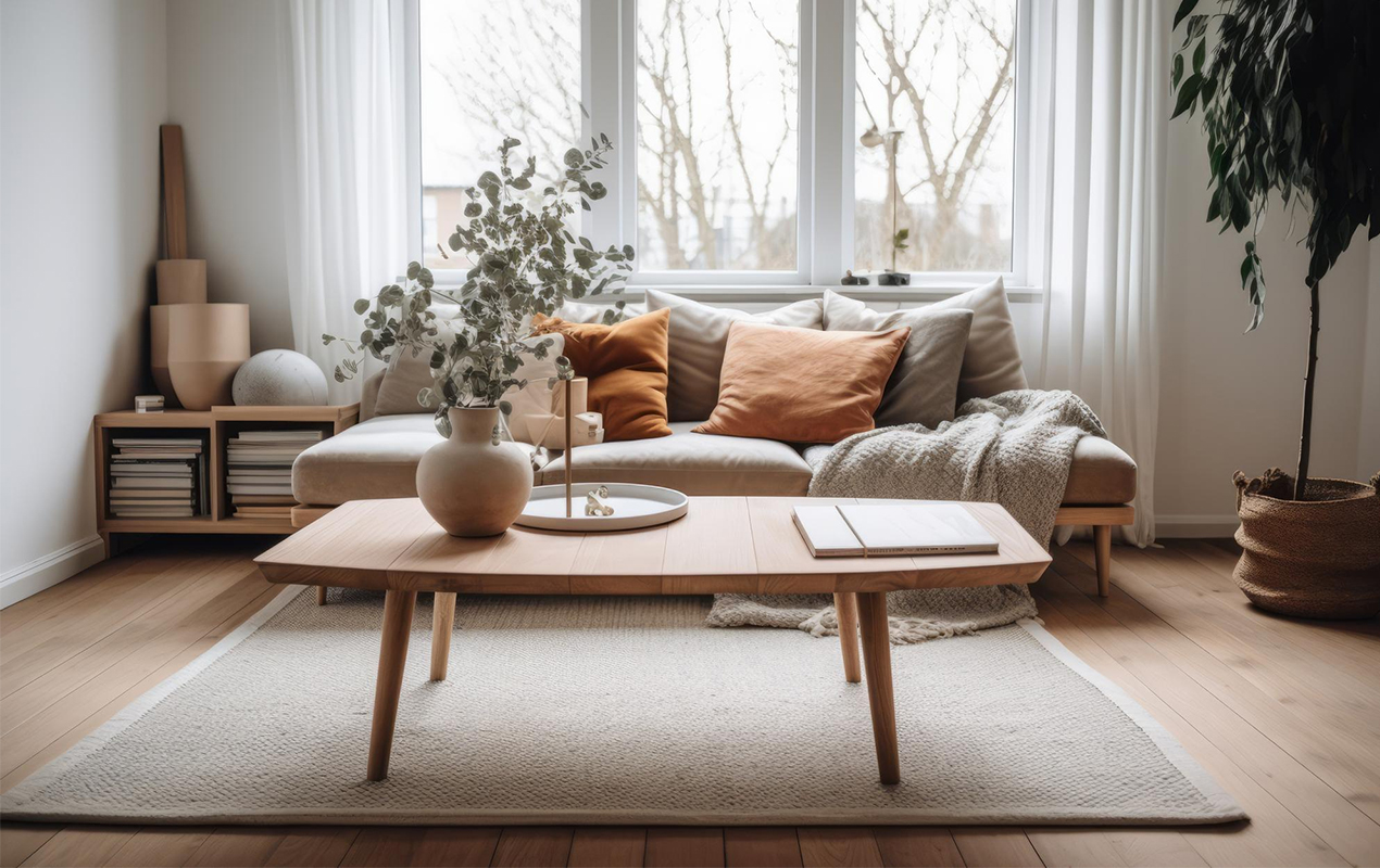 Living room with couch coffee table vase