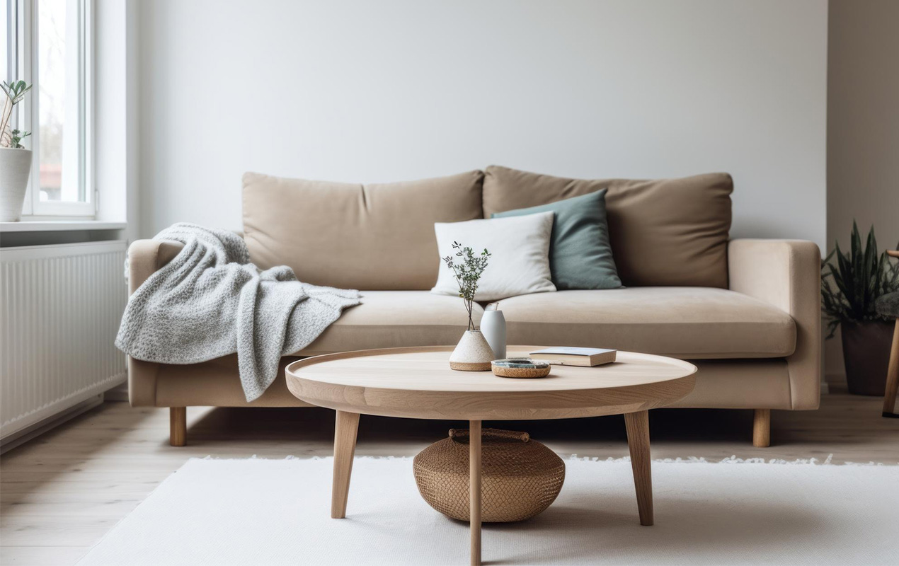 Living space with sofa and wooden table 