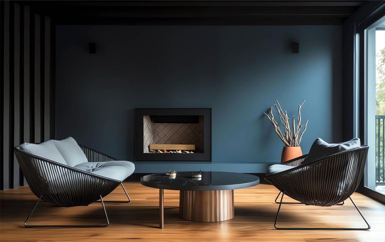 Living room with fireplace and blue walls