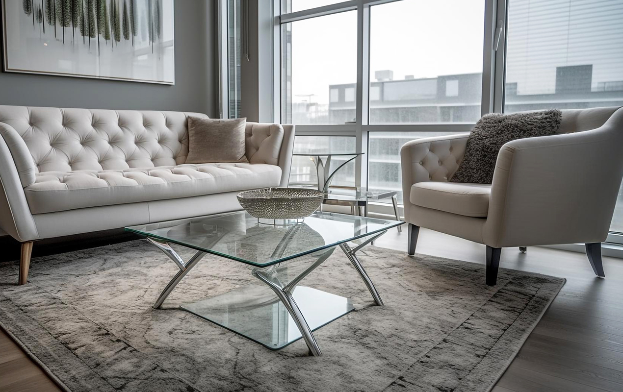 Living room with glass coffee table
