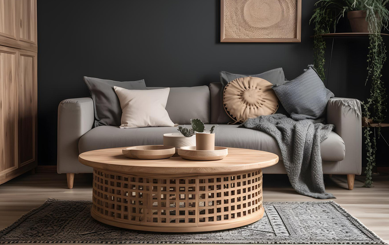 living room with gray sofa coffee table