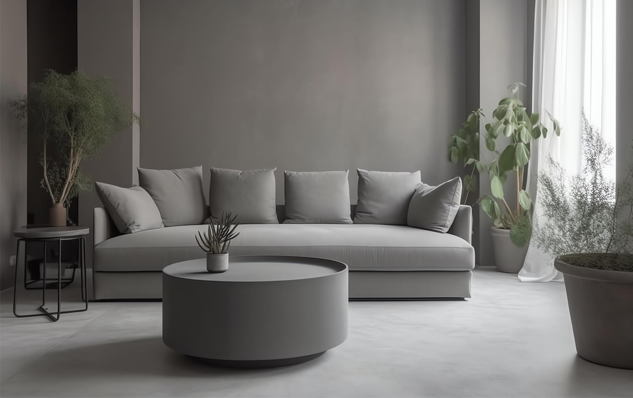 Minimal interior with muted gray coffee table