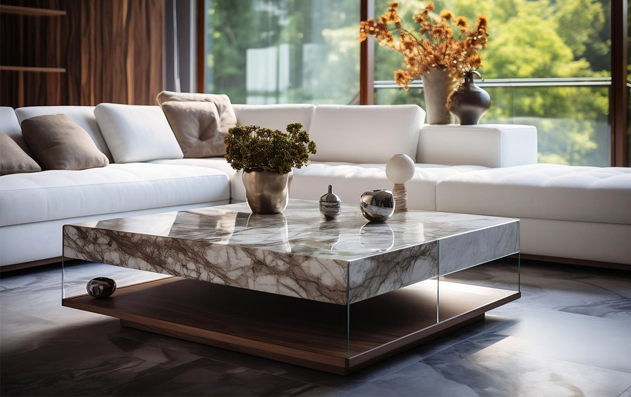 Living room with stone coffee table