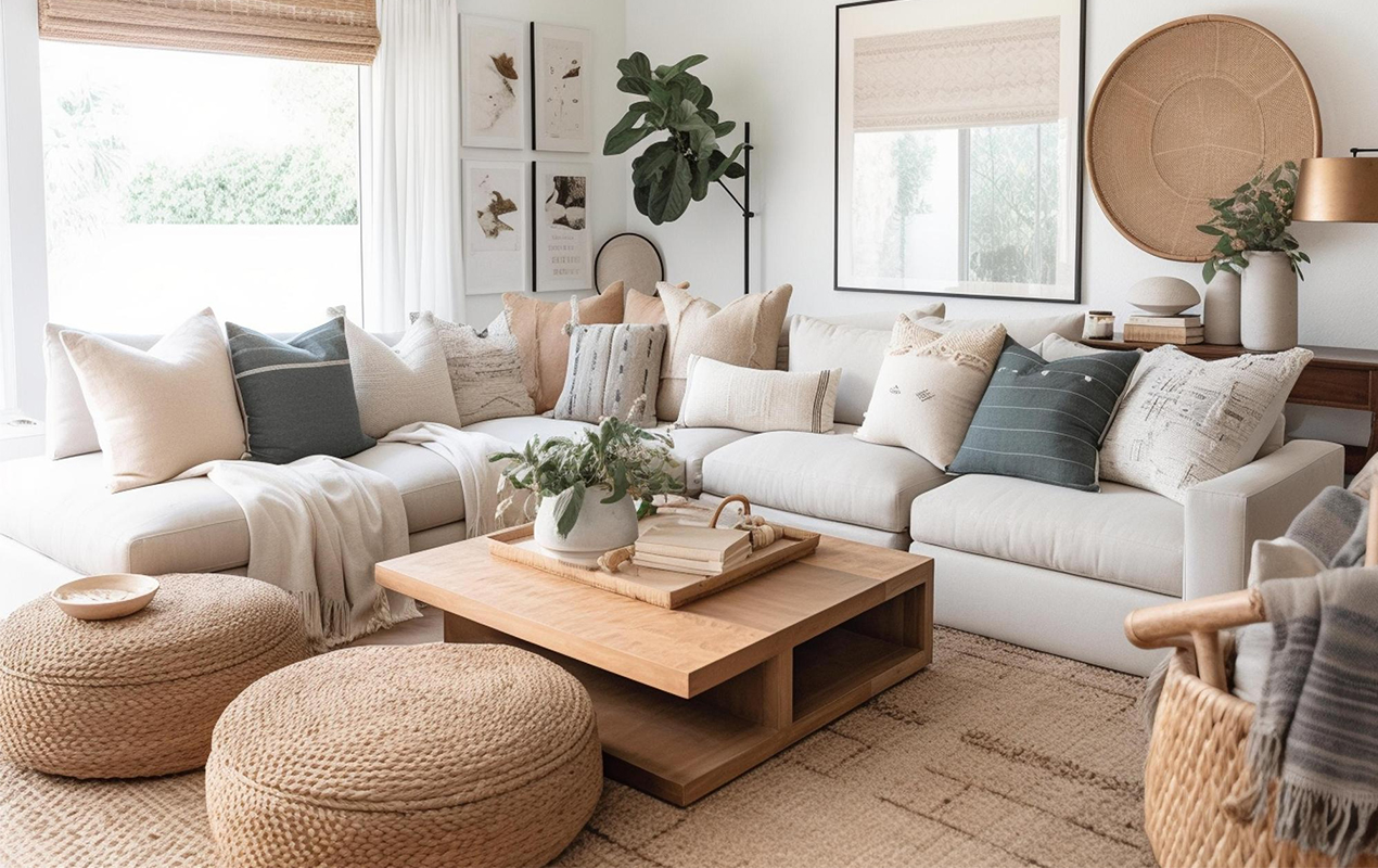 Living room with large white sofa large window