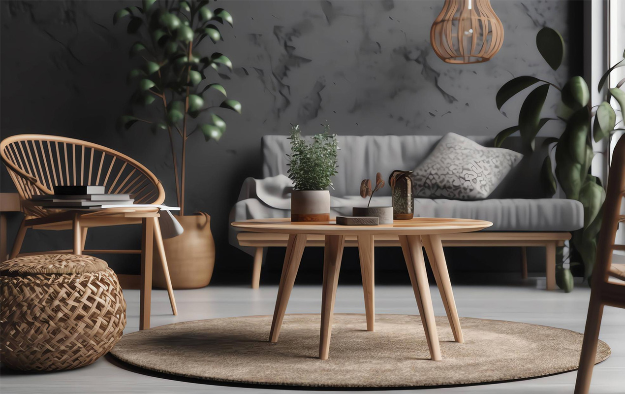 Living room with sofa coffee-table and plant