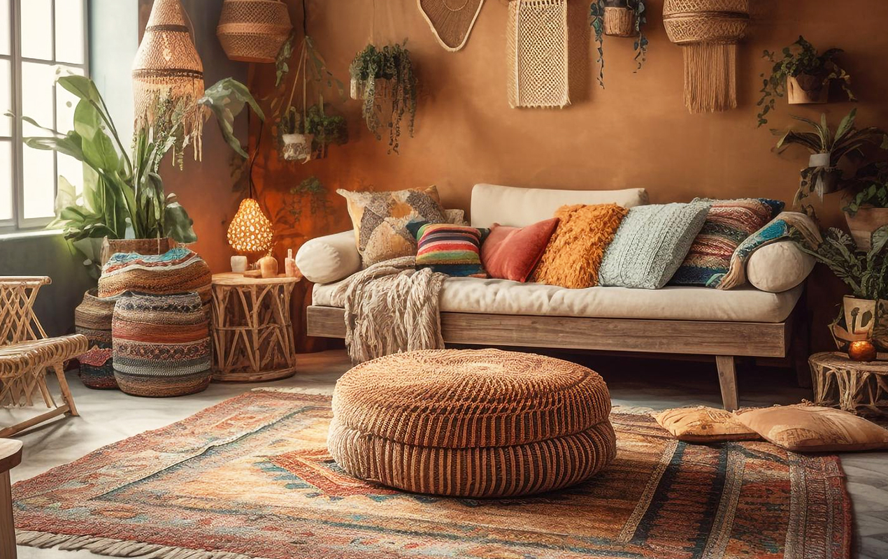 Relaxed living room interior with Ottoman coffee table