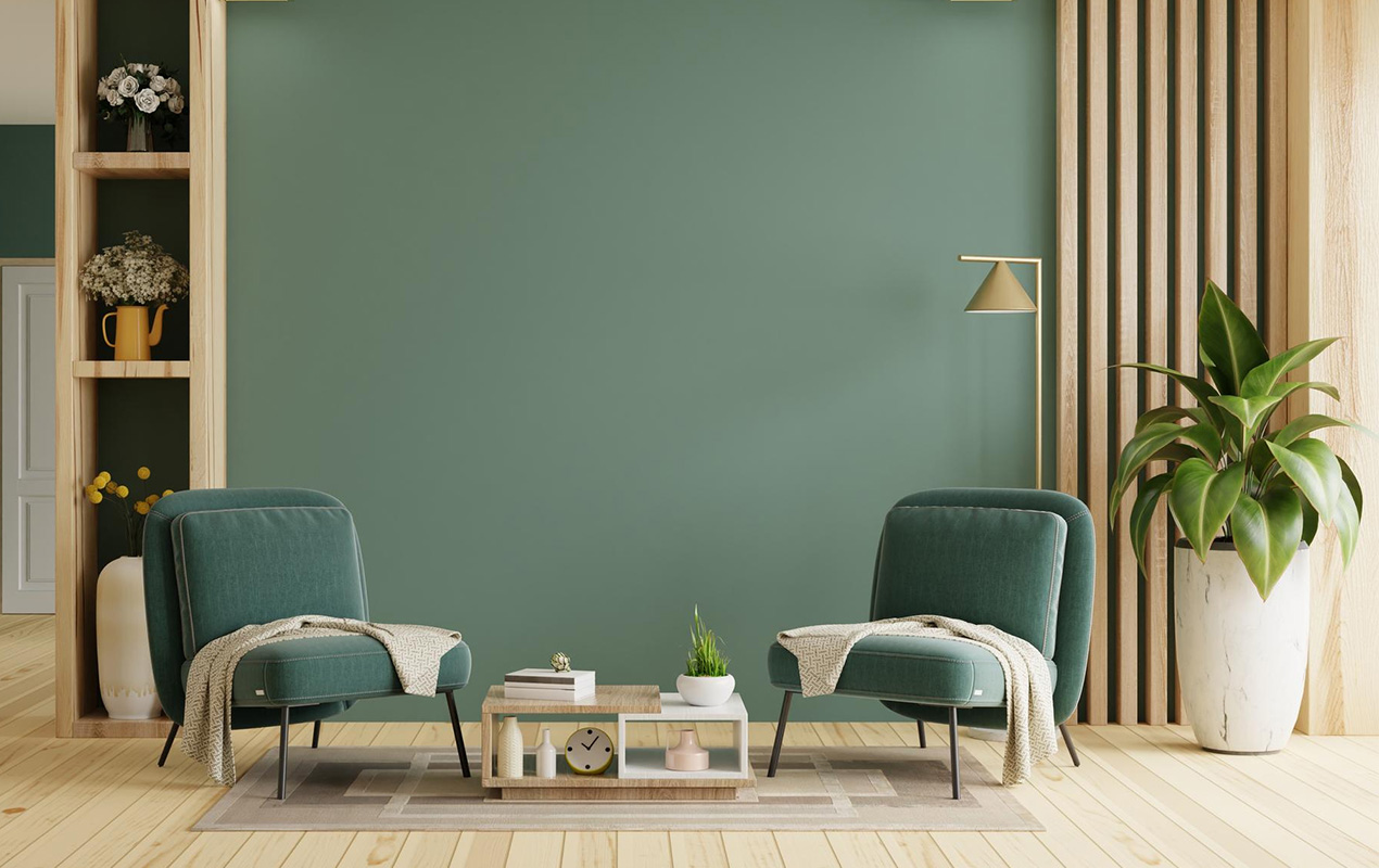 Living room with two green armchair and small wood coffee table