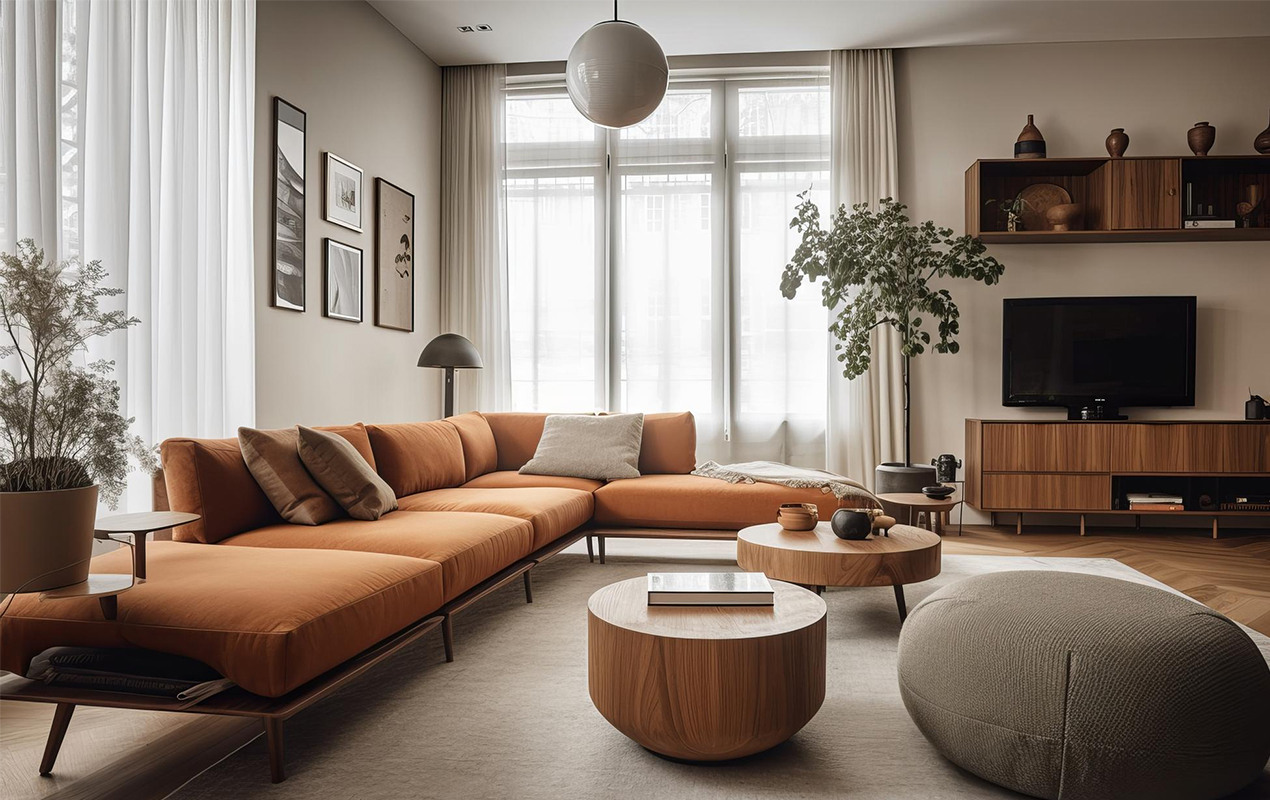 Modern Scandinavian apartment living with coffee table