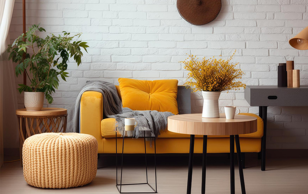 Living room with yellow couch table with vase flowers