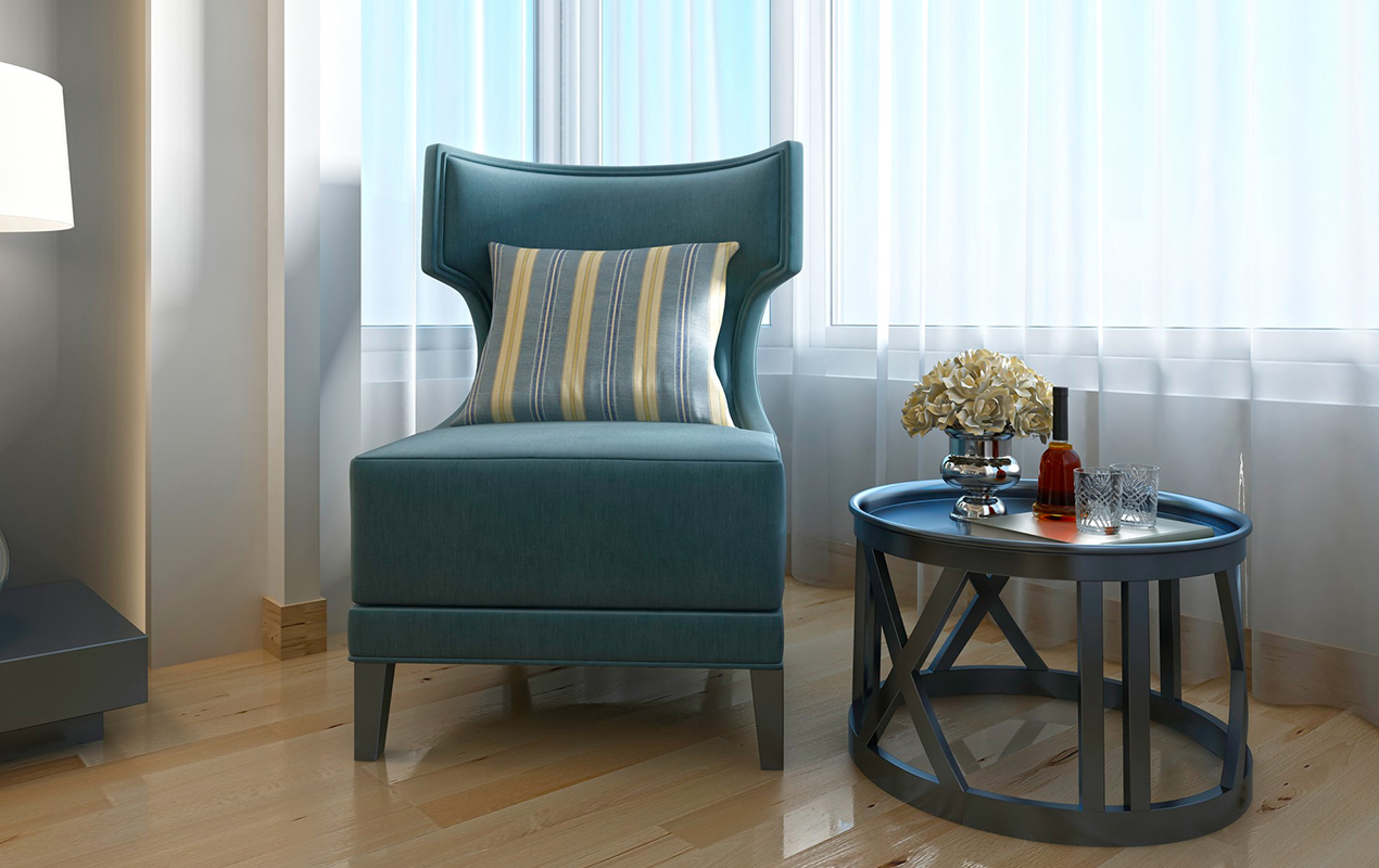 Lounge chair turquoise living room with table