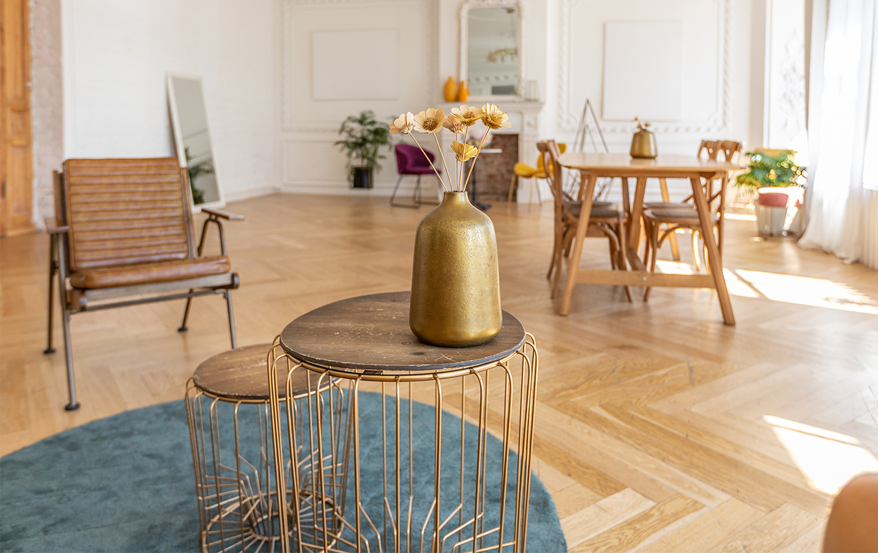 Living room interior with gold furniture