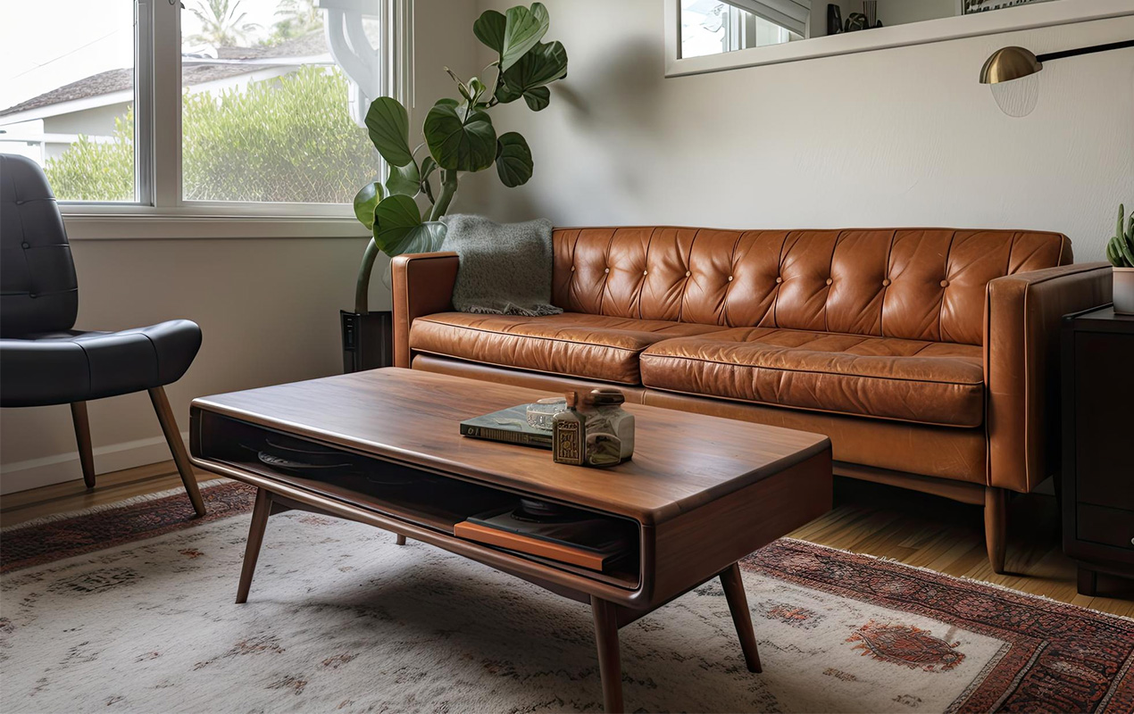 Living area with midcentury leather sofa coffee table 