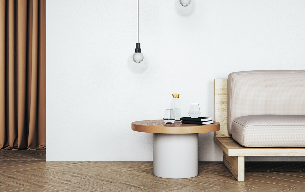 Minimalistic living room with sofa and modern coffee table 