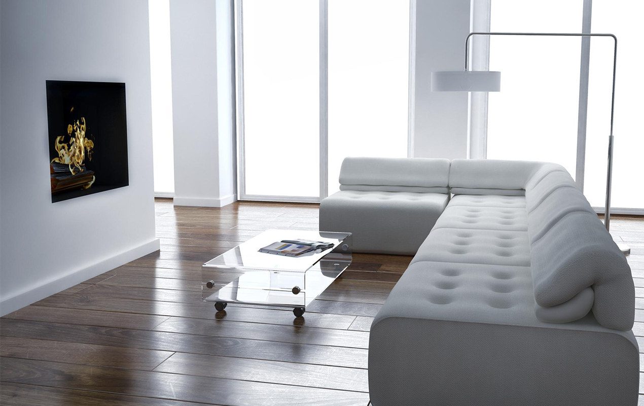 White living room interior with gray sofas and coffee table