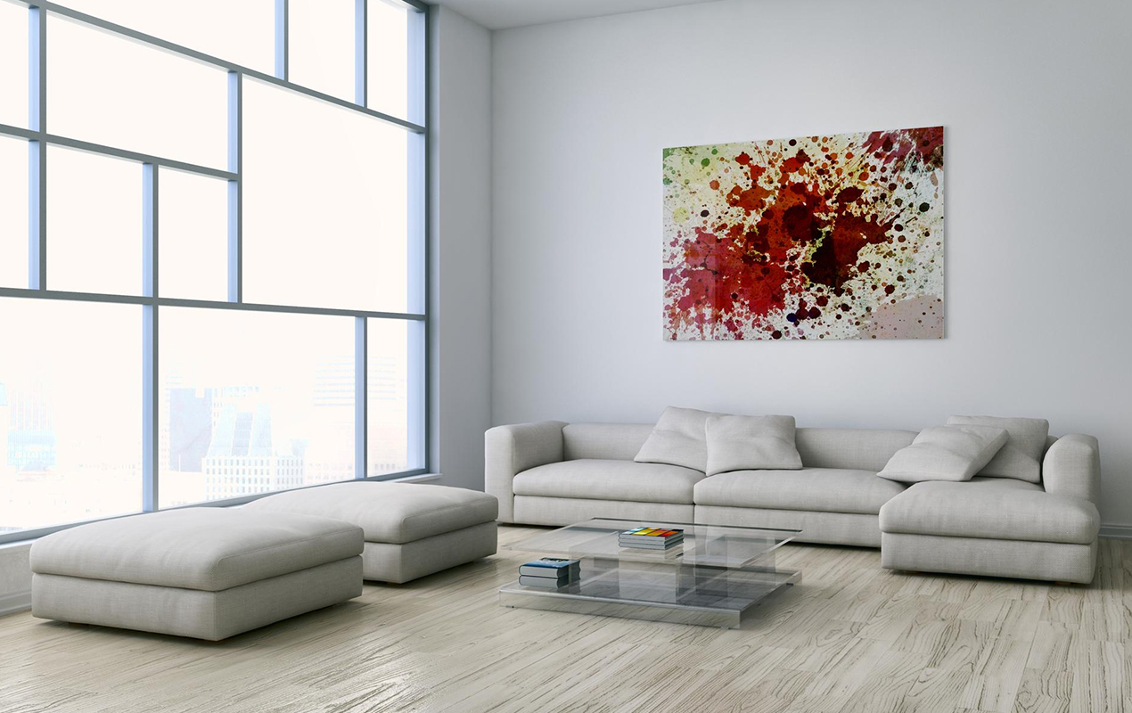 Modern living space with glass wall and abstract wall art