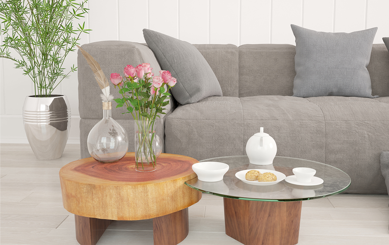 Home interior with mixed material furniture