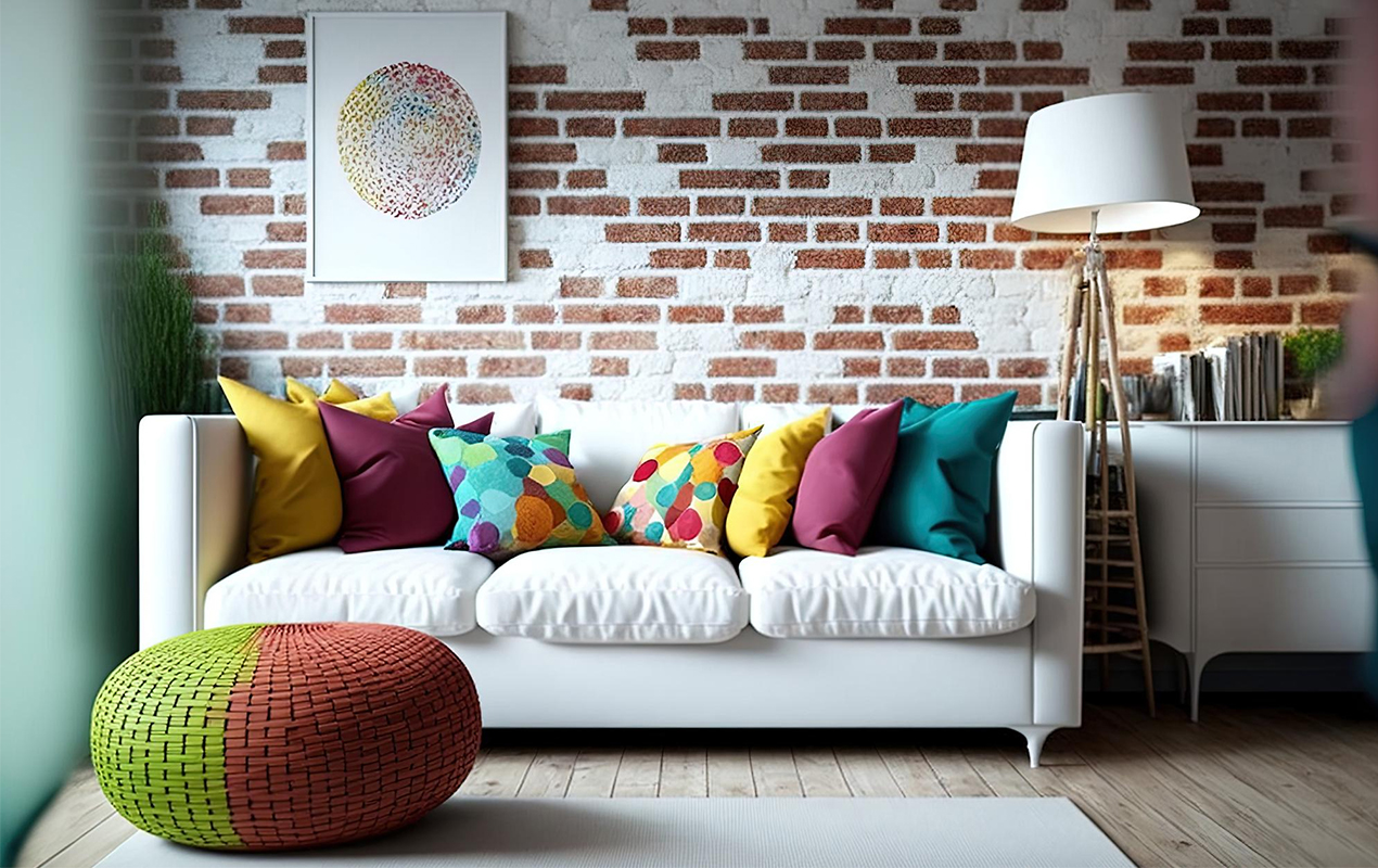 Modern living area with white sofa colorful cushions