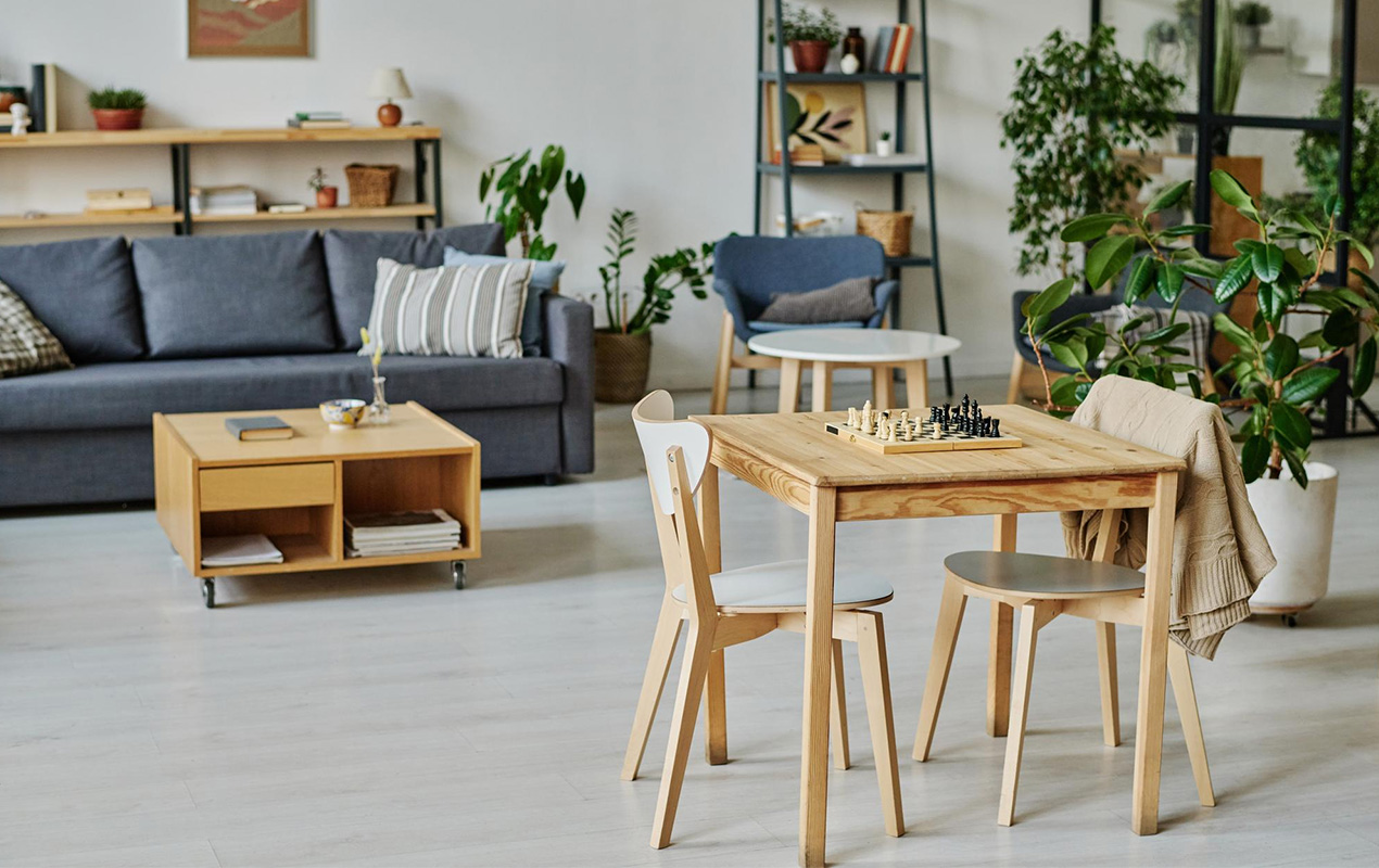 Modern living room with mobile wood coffee table