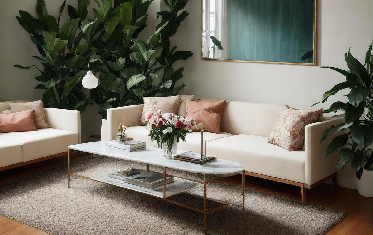 Modern living room with marble and metal coffee table