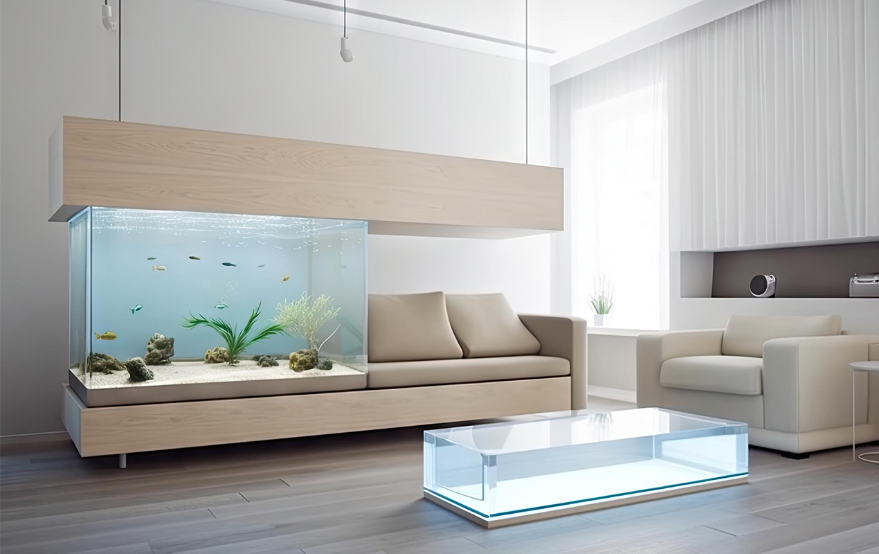 Modern living room with glass aquarium minimalist furniture