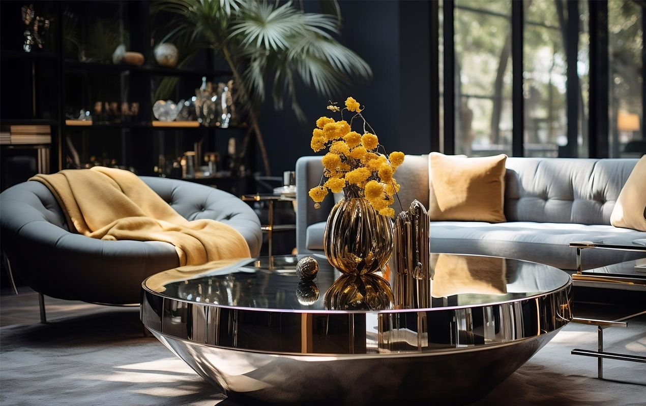 Modern living room with gold metal coffee