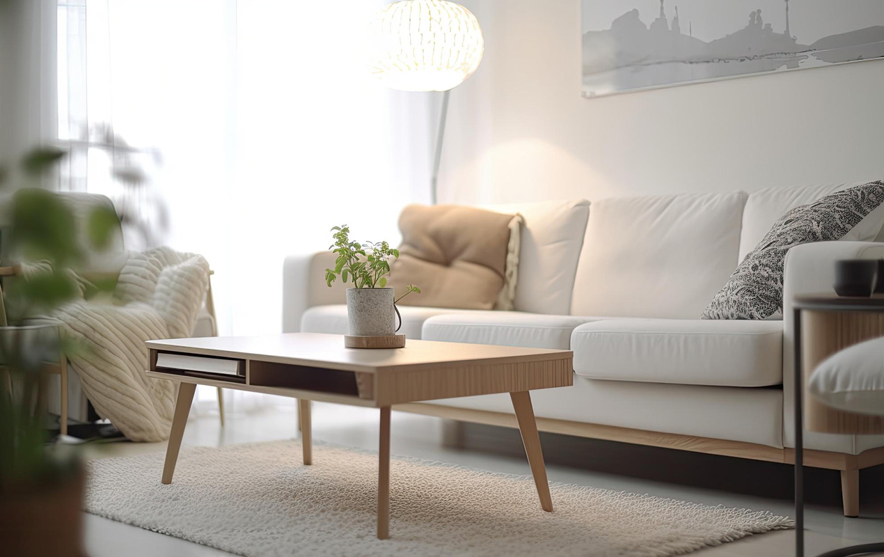 Neutral living room with light-wood table