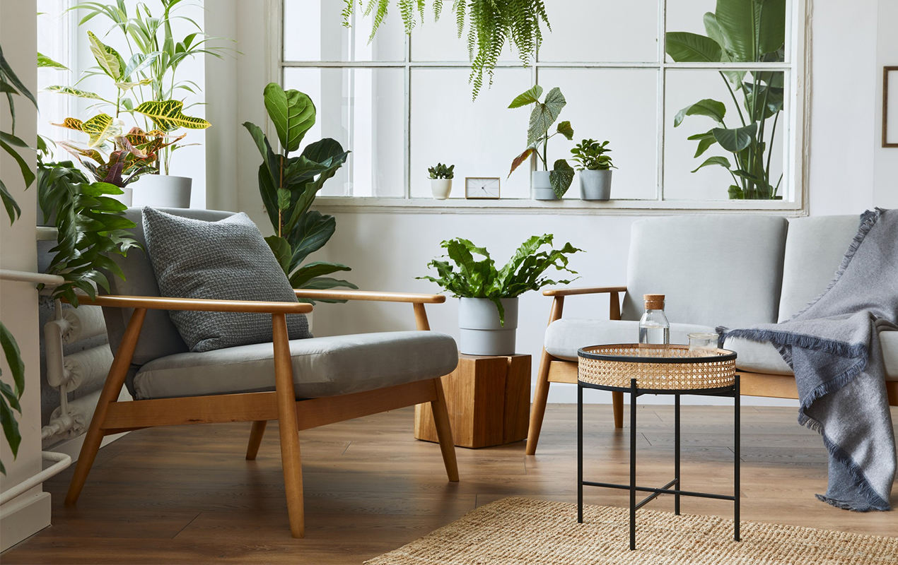 Modern Scandinavian interior living room with round coffee table