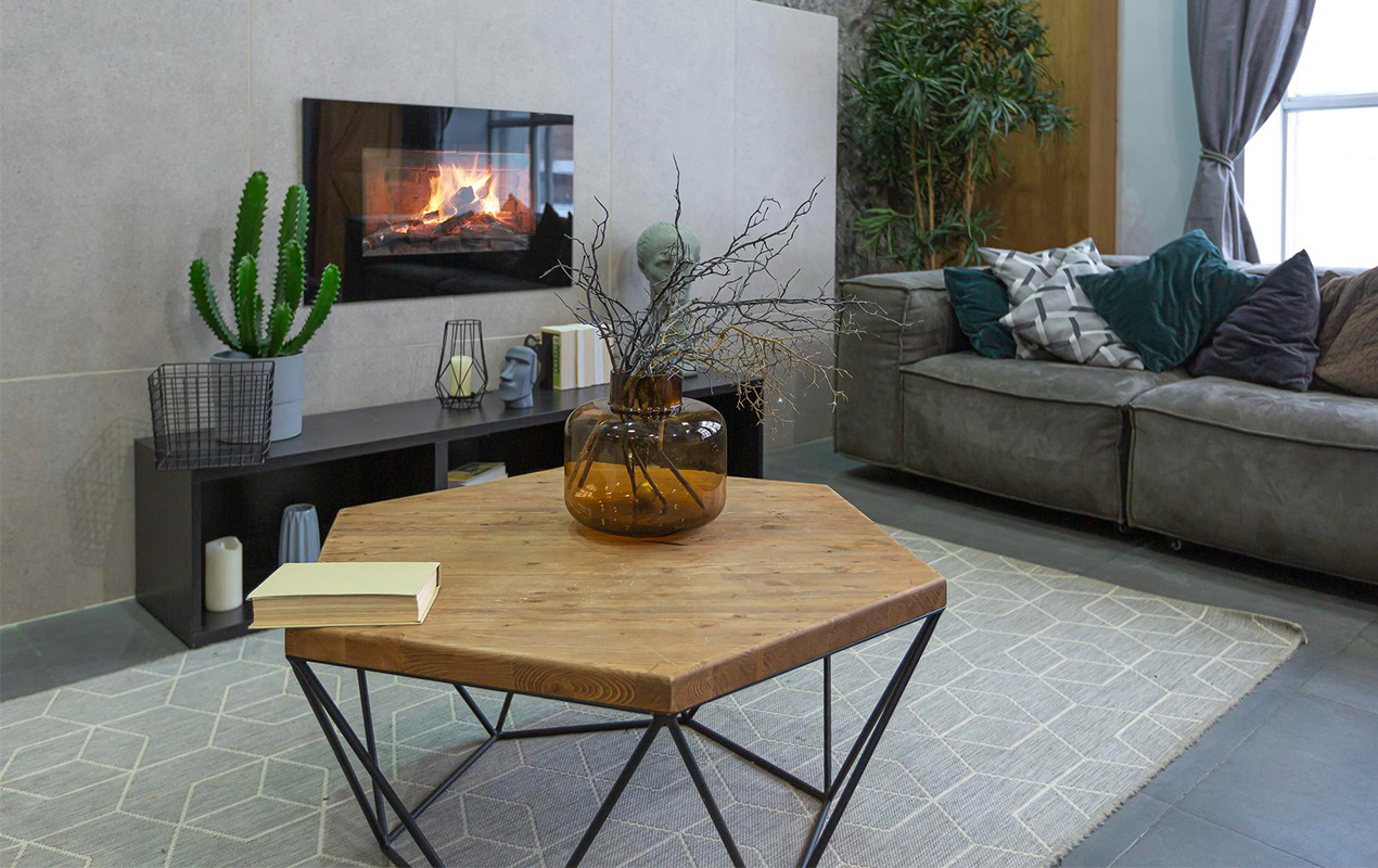 Interior with decorative stone walls grey stone wood tiles