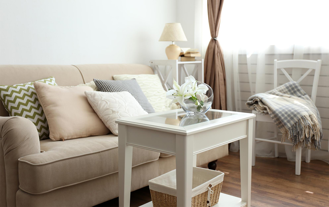 Sofa with pillows vase with flowers and coffee table