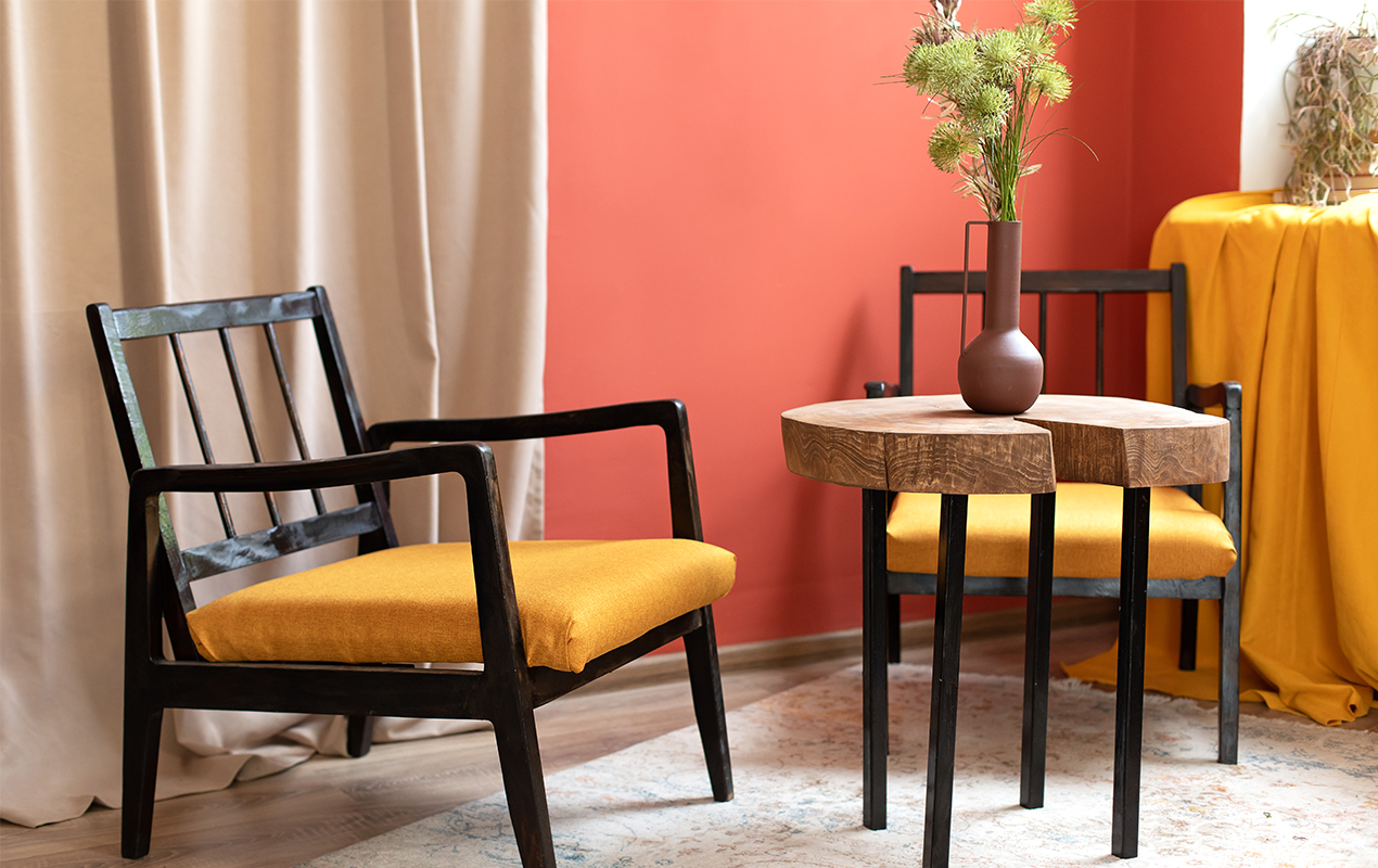 Retro living room interior with live-edge small coffee tables