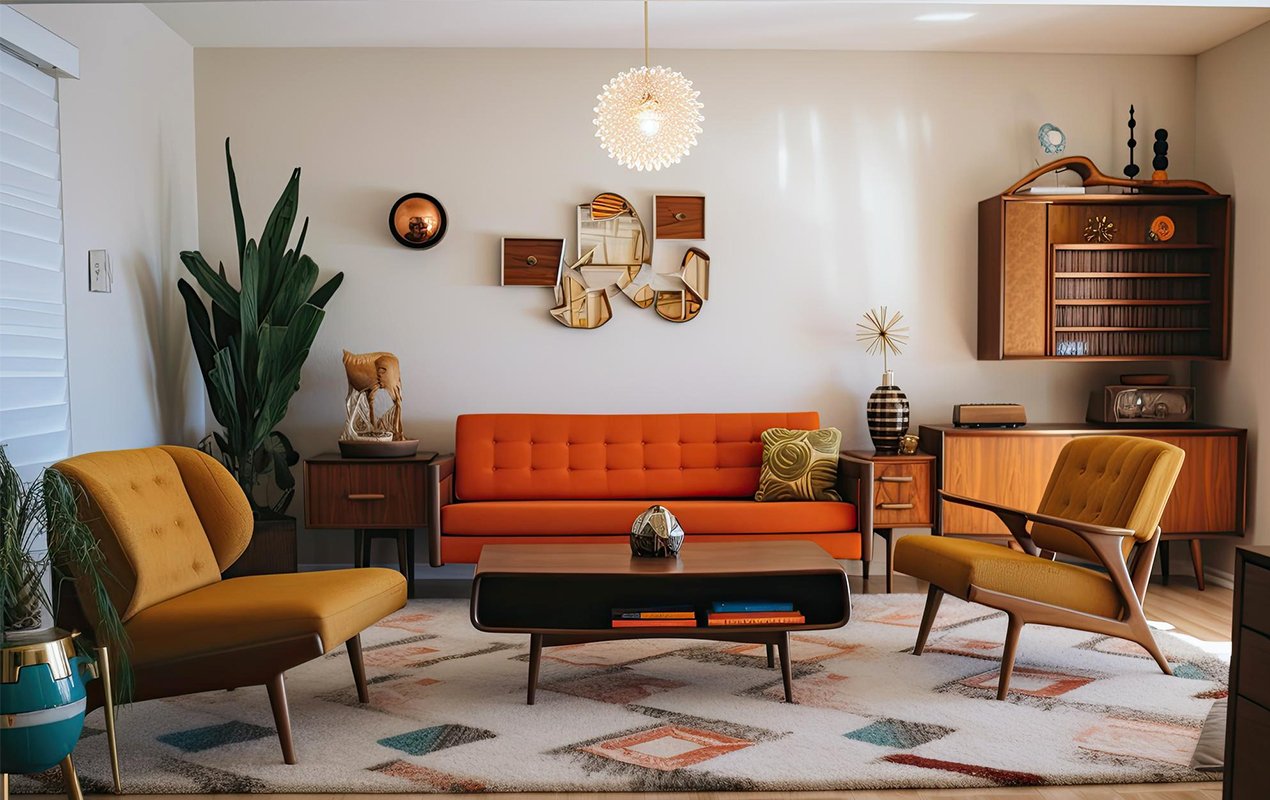 retro room with midcentury modern furniture
