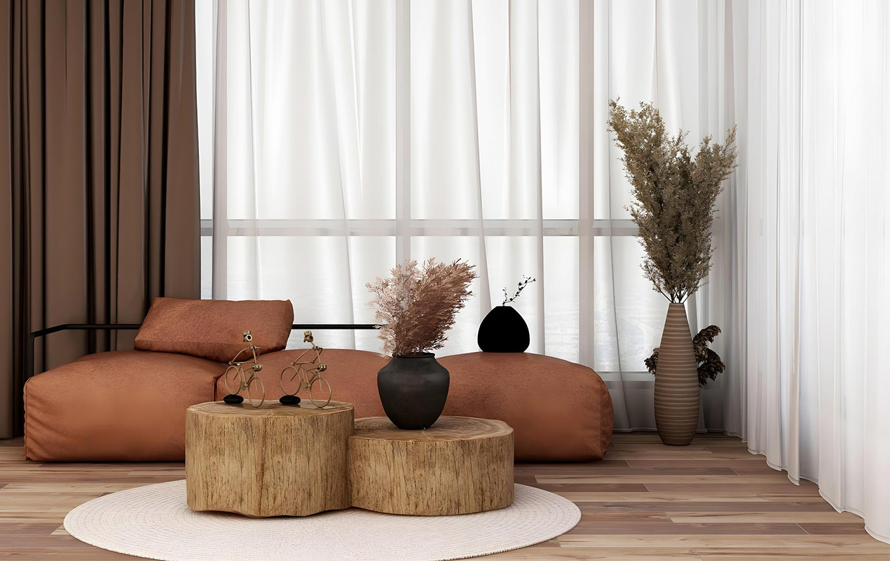 Living room with orange sofa wood table pampas grass brown curtain