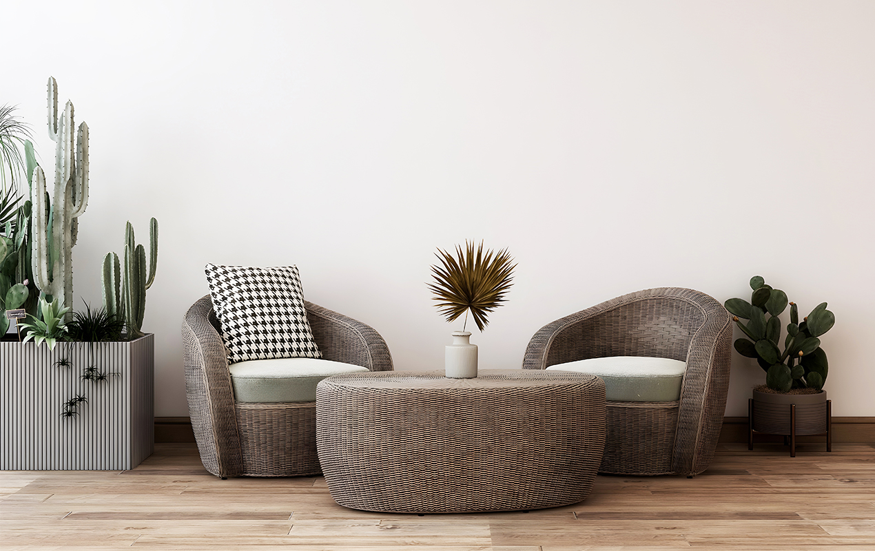 Living space with rattan furniture displaying wicker weave