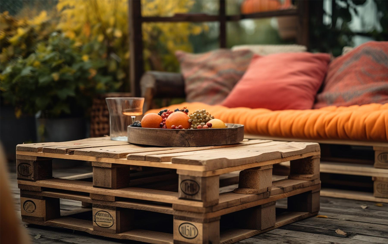 rustic coffee table with basket with fresh fruit