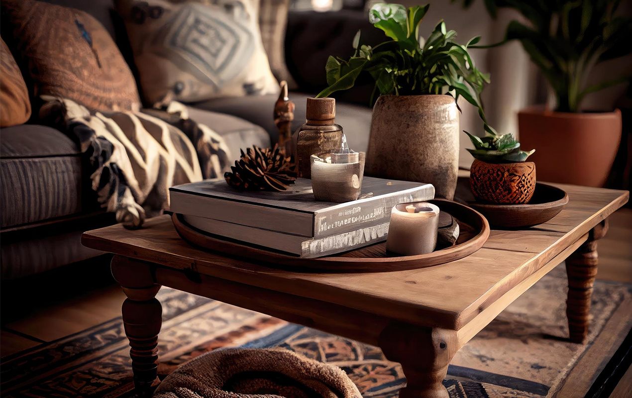 Rustic wooden coffee table with scandi boho decor