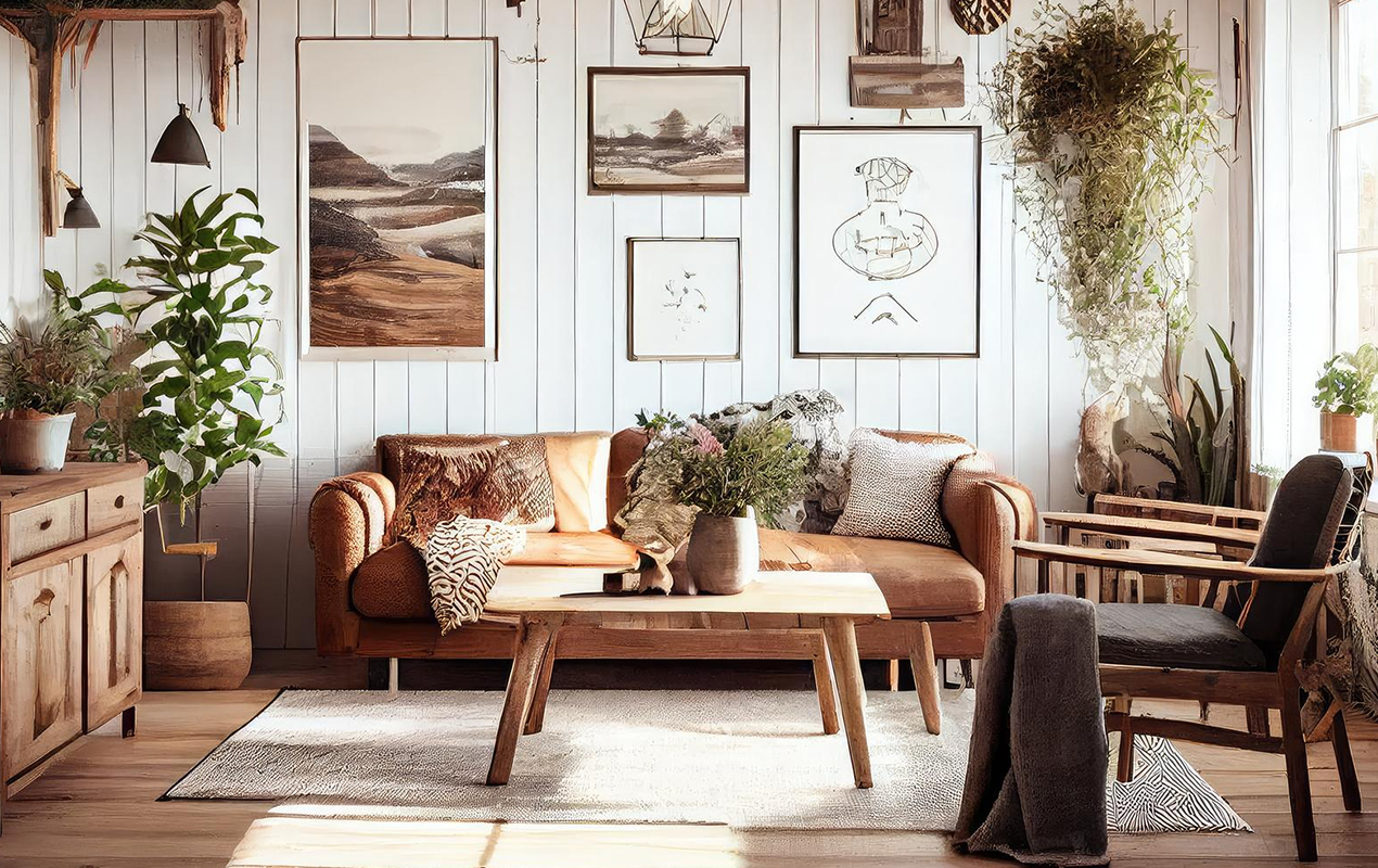 Scandinavian living room with vintage lighting fixtures wooden furniture